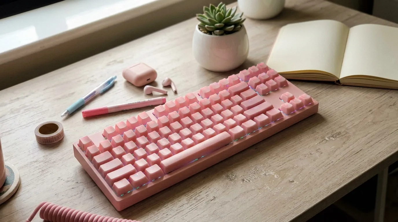 Clavier gamer rose mécanique silencieux pas cher Clavier rose sur bureau avec plante et carnet ouvert