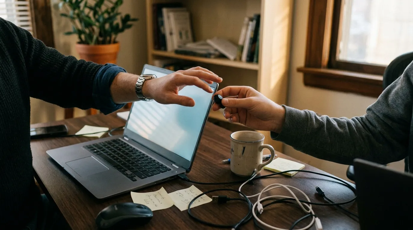 Alternative gratuite : assistance à distance illimitée Deux personnes se transmettent un téléphone portable au-dessus d'un bureau