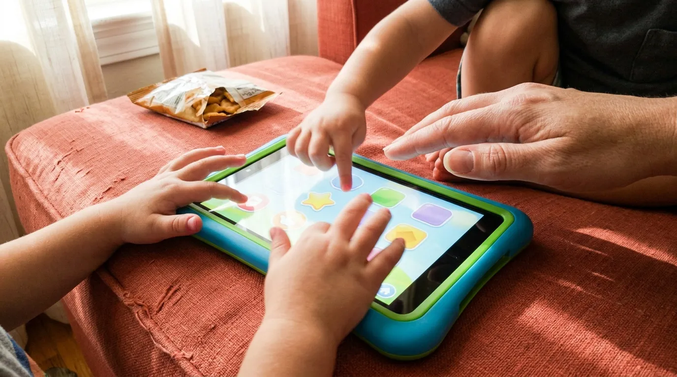 Bloquer les achats intégrés Android enfant Deux enfants utilisent une tablette tactile colorée sur un lit