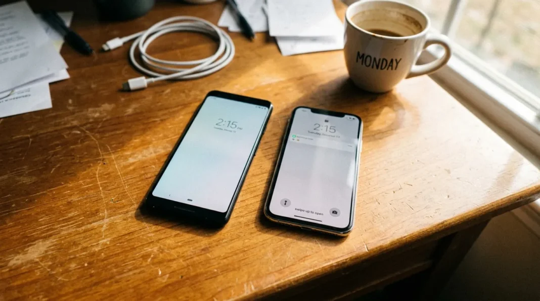 Espace de travail du lundi matin Deux téléphones sur bureau avec café et documents