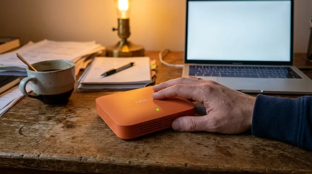 Espace de travail moderne avec disque dur Main tenant disque dur orange sur bureau de travail