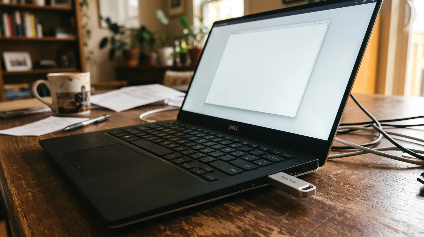 Clé USB non reconnue : réparer le gestionnaire de disque Laptop Dell ouvert sur bureau bois avec accessoires travail