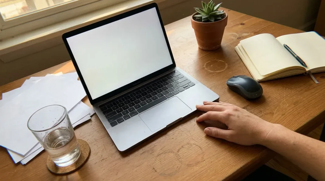 Espace de travail moderne et organisé Personne travaillant à son bureau avec laptop et accessoires