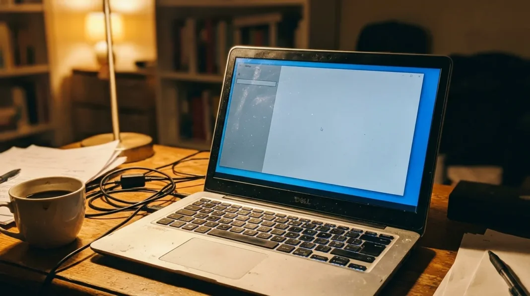 Espace de travail nocturne avec ordinateur Laptop Dell allumé sur bureau bois avec café