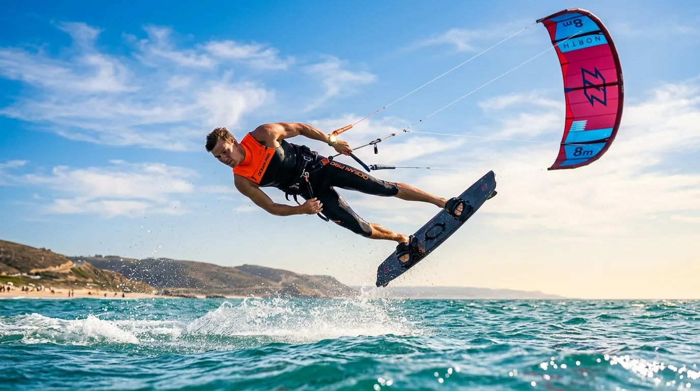 Test montre GPS kitesurf : mesurez vos sauts Kitesurfeur effectue un saut spectaculaire avec cerf-volant rouge