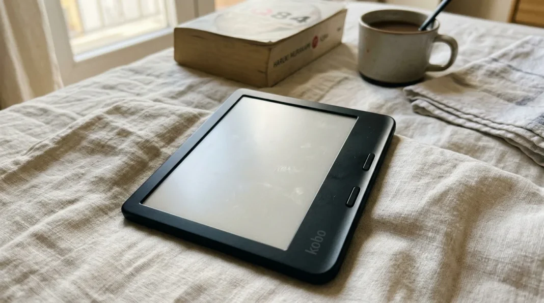 Liseuse électronique sur lit douillet Liseuse Kobo noire sur lit avec café et livre