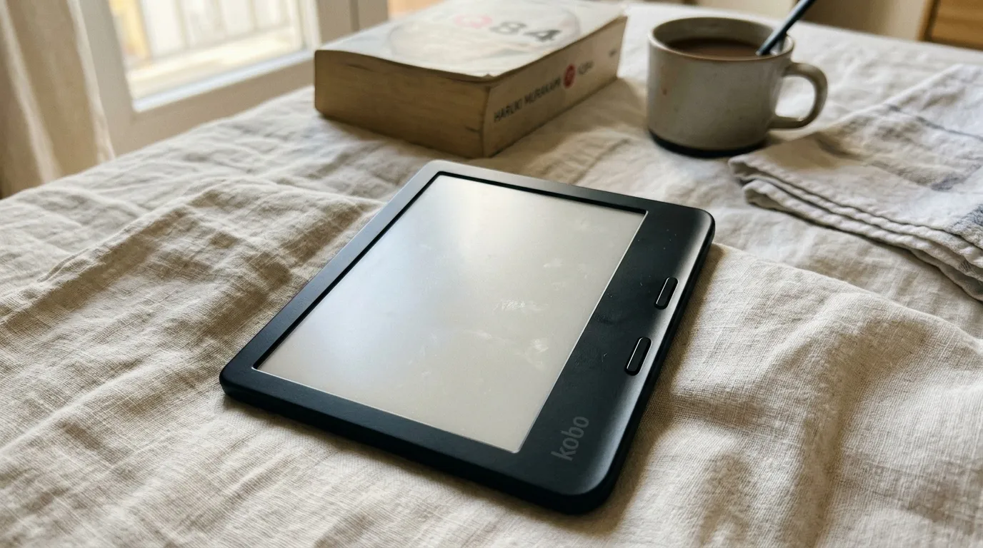 Meilleure liseuse pour mangas noir et blanc Liseuse Kobo noire sur lit avec café et livre