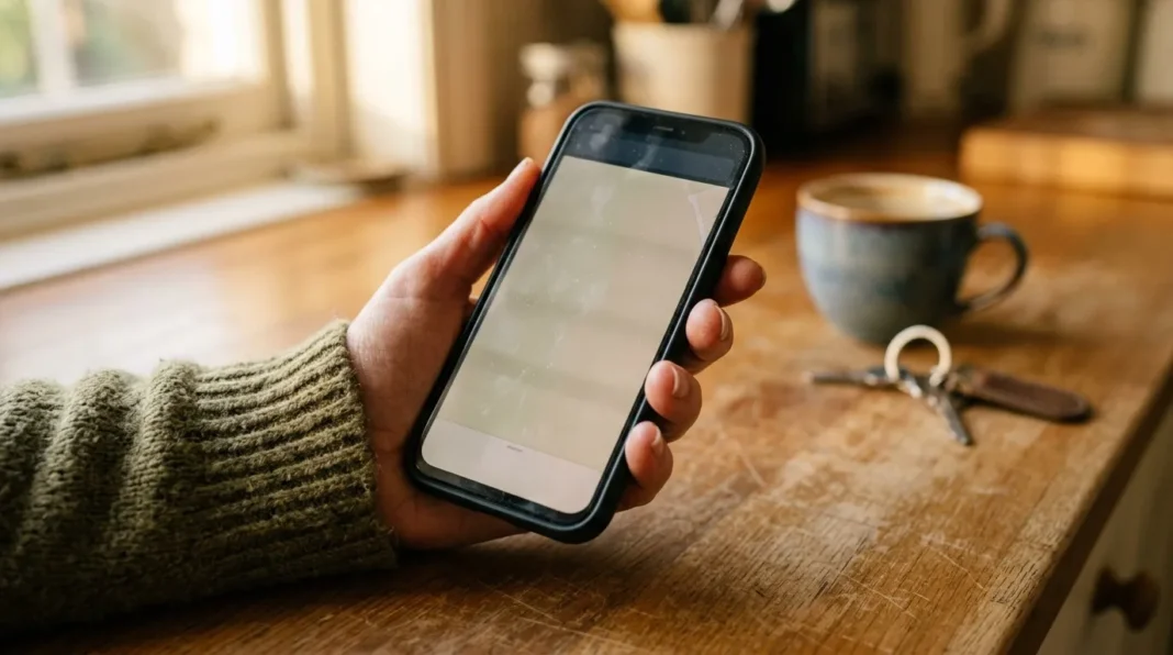 Main tenant smartphone écran vide Personne tenant téléphone noir avec écran blanc vierge