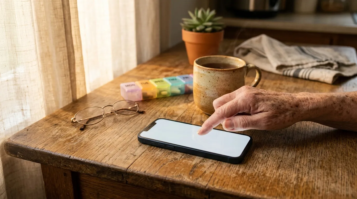 Rappel médicaments senior : app gratuite et simple Main tenant un smartphone sur un bureau en bois avec café