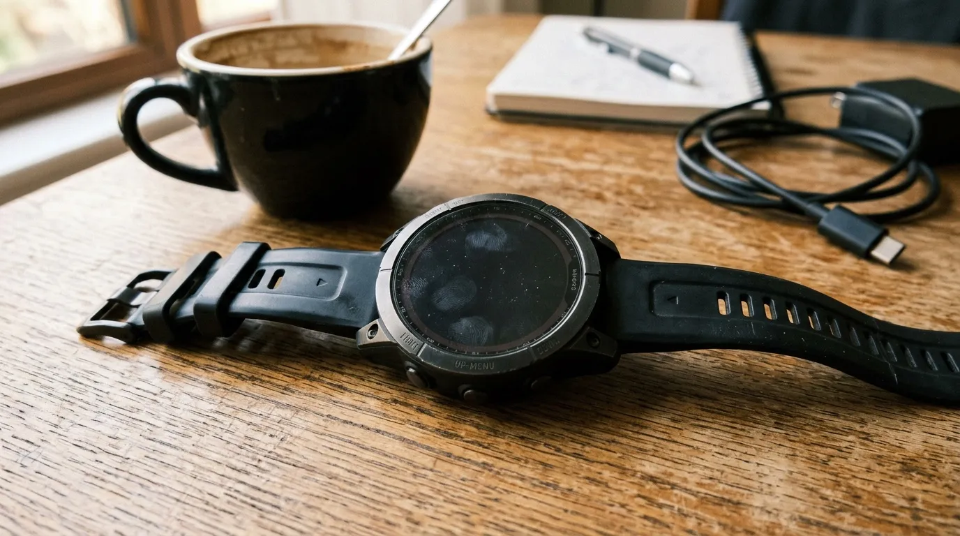 Montre Garmin écran noir : solutions si elle vibre Smartwatch noire avec café et accessoires de bureau