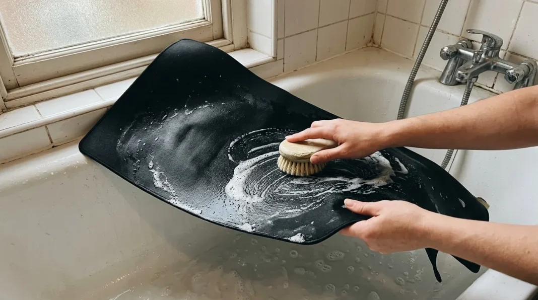 Nettoyage d'une poêle noire Personne lavant une poêle noire avec une brosse dans baignoire