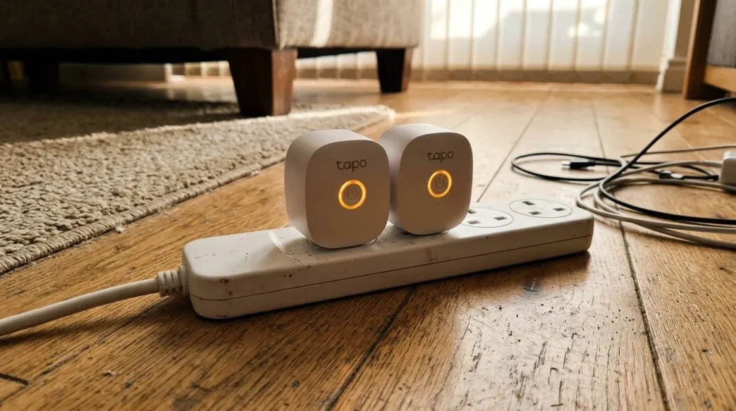 Prises intelligentes Tapo sur multiprise Deux prises connectées Tapo avec LED orange sur multiprise blanche