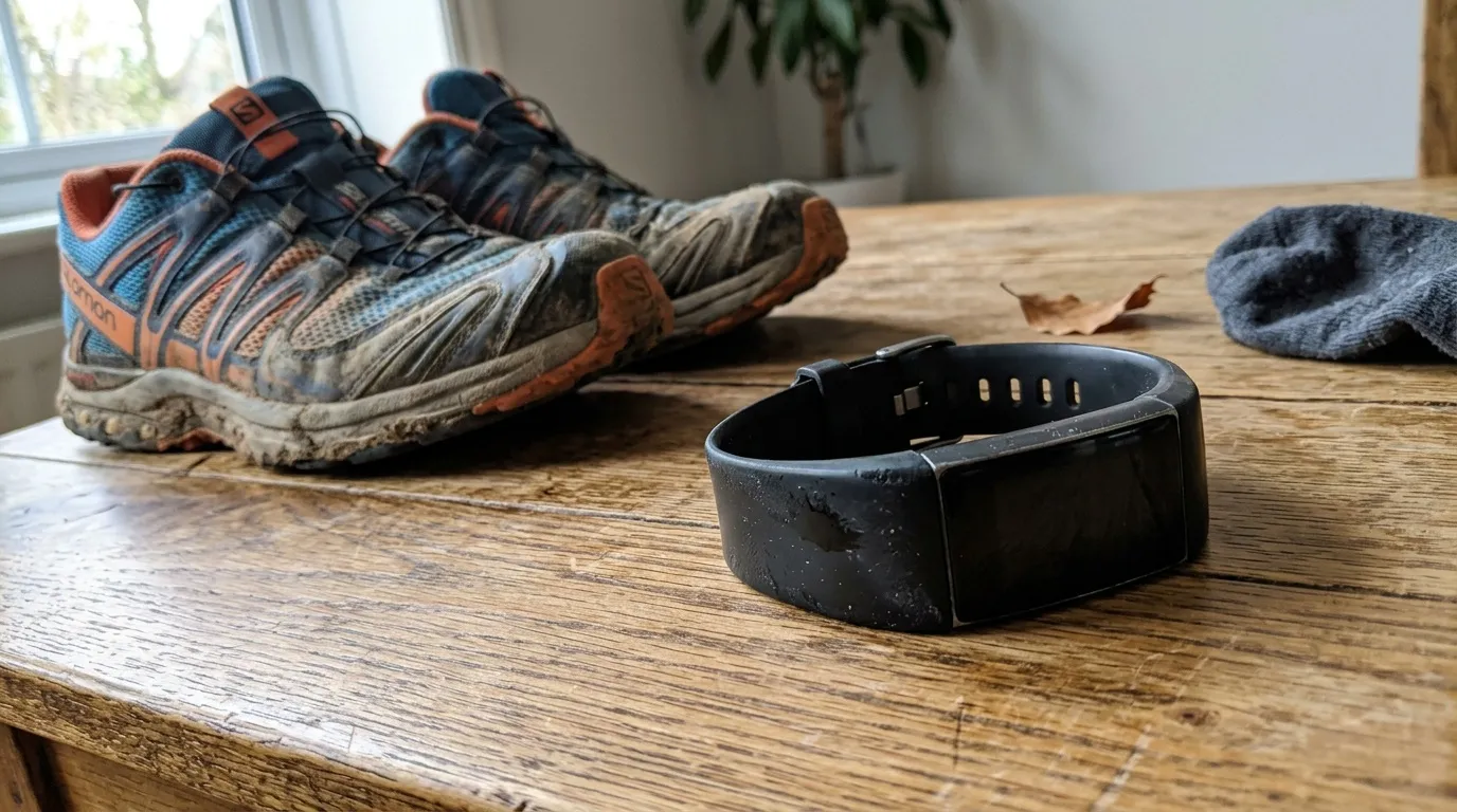 Podomètre gratuit : compteur de pas sans internet Montre connectée noire et chaussures de trail usées sur table