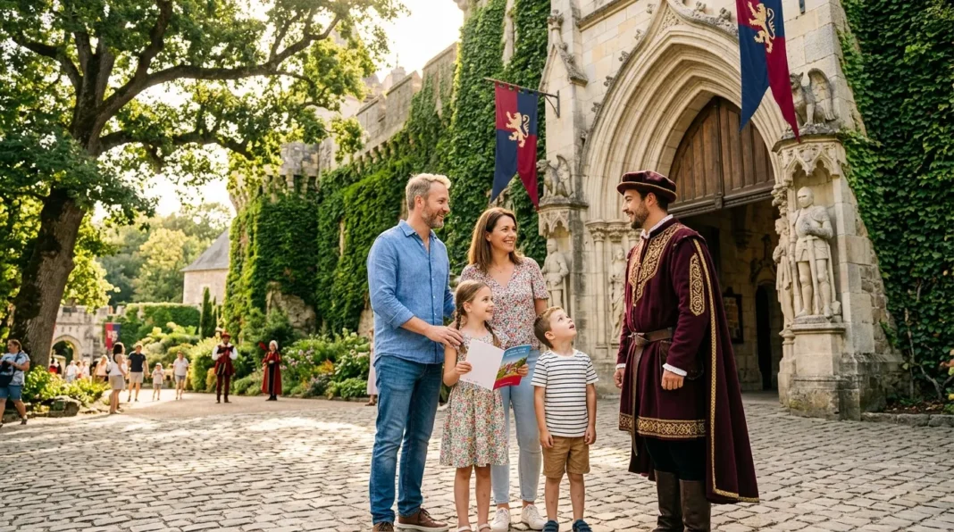 Rencontre médiévale en famille Famille rencontre personnage médiéval devant château.