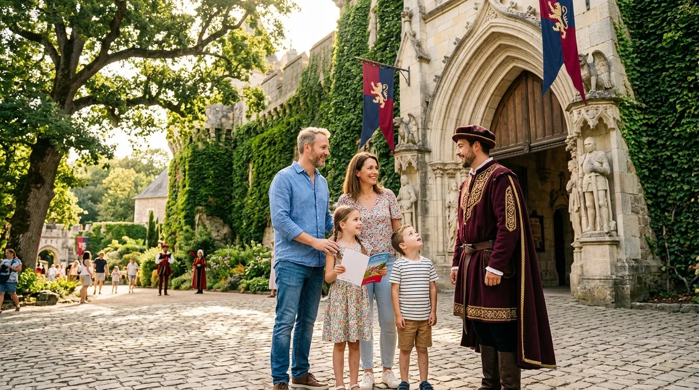 Tarif billet Puy du Fou : réductions et app Famille rencontre personnage médiéval devant château.