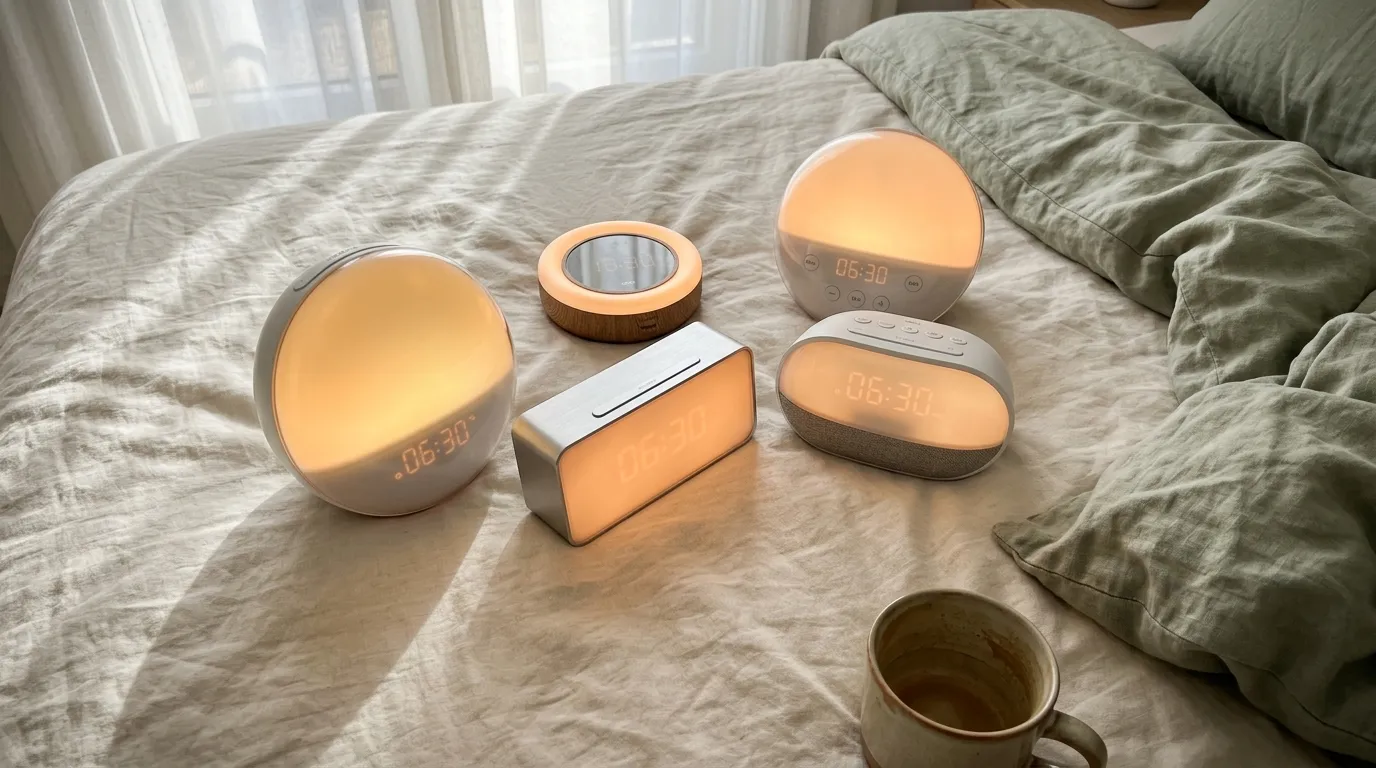 Meilleur réveil connecté simulateur d’aube : comparatif Plusieurs réveils numériques lumineux orange sur couette blanche