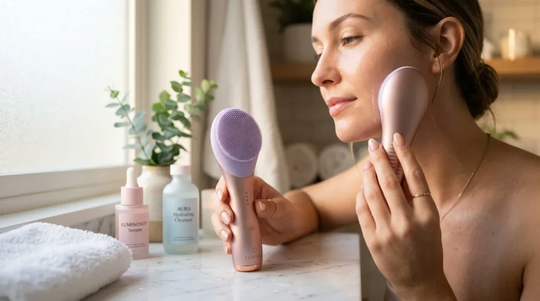 Routine beauté avec brosse nettoyante Femme utilisant une brosse faciale violette pour sa skincare