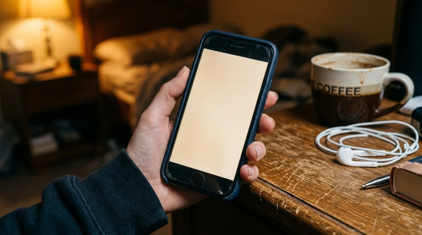 Masquer les applications de rencontre : guide complet Main tenant téléphone avec écran blanc sur bureau en bois